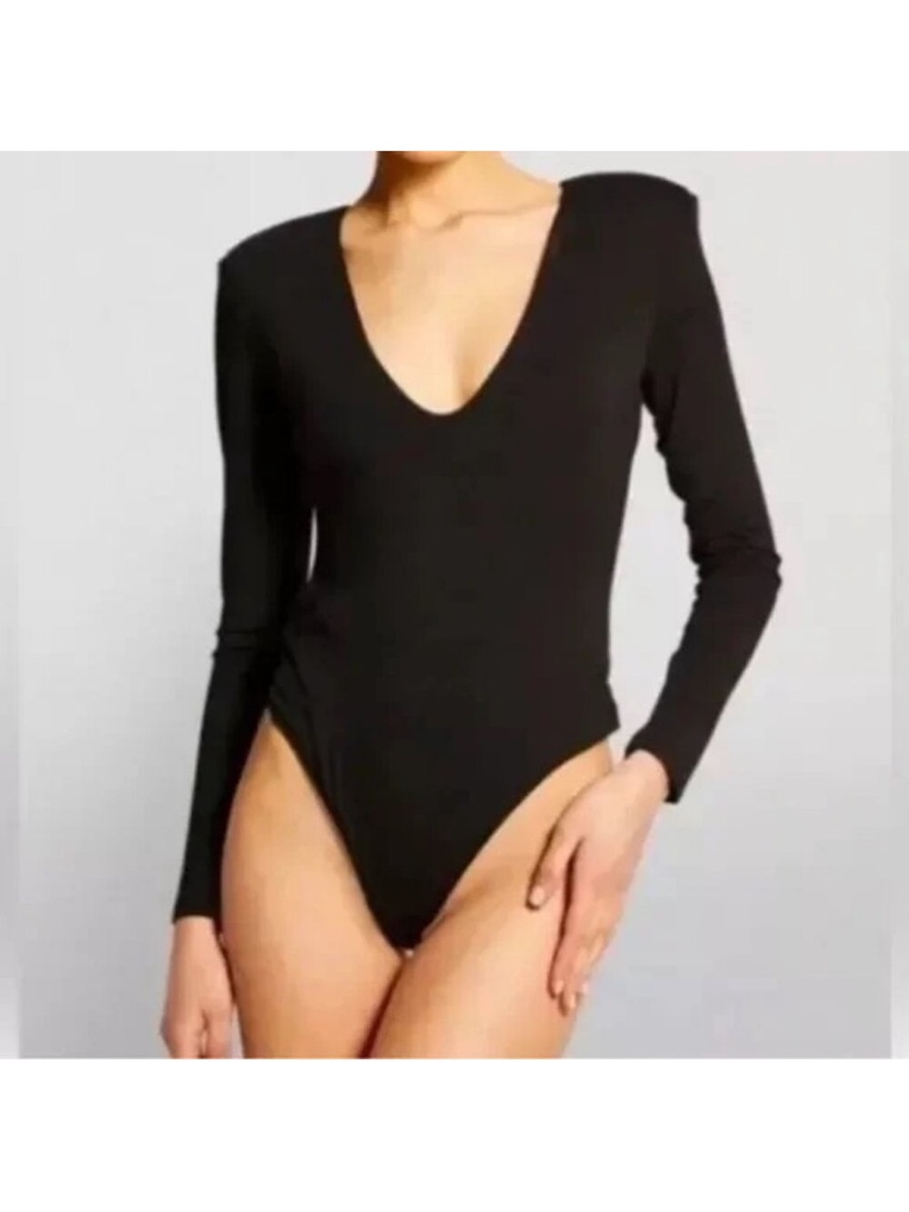 GOOD AMERICAN Plunging V Neck Knit Thong Bodysuit Black Size S